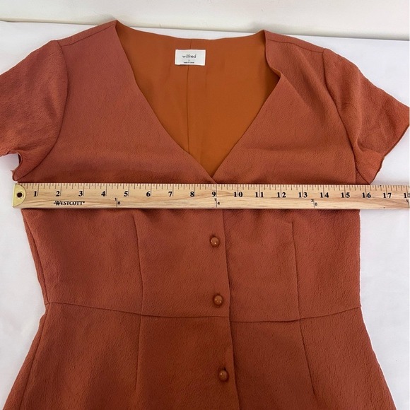 Wilfred Aritzia‎ Button Front Mini Dress Womens 2 Rust Terracotta Crepe V-Neck - Picture 5 of 10